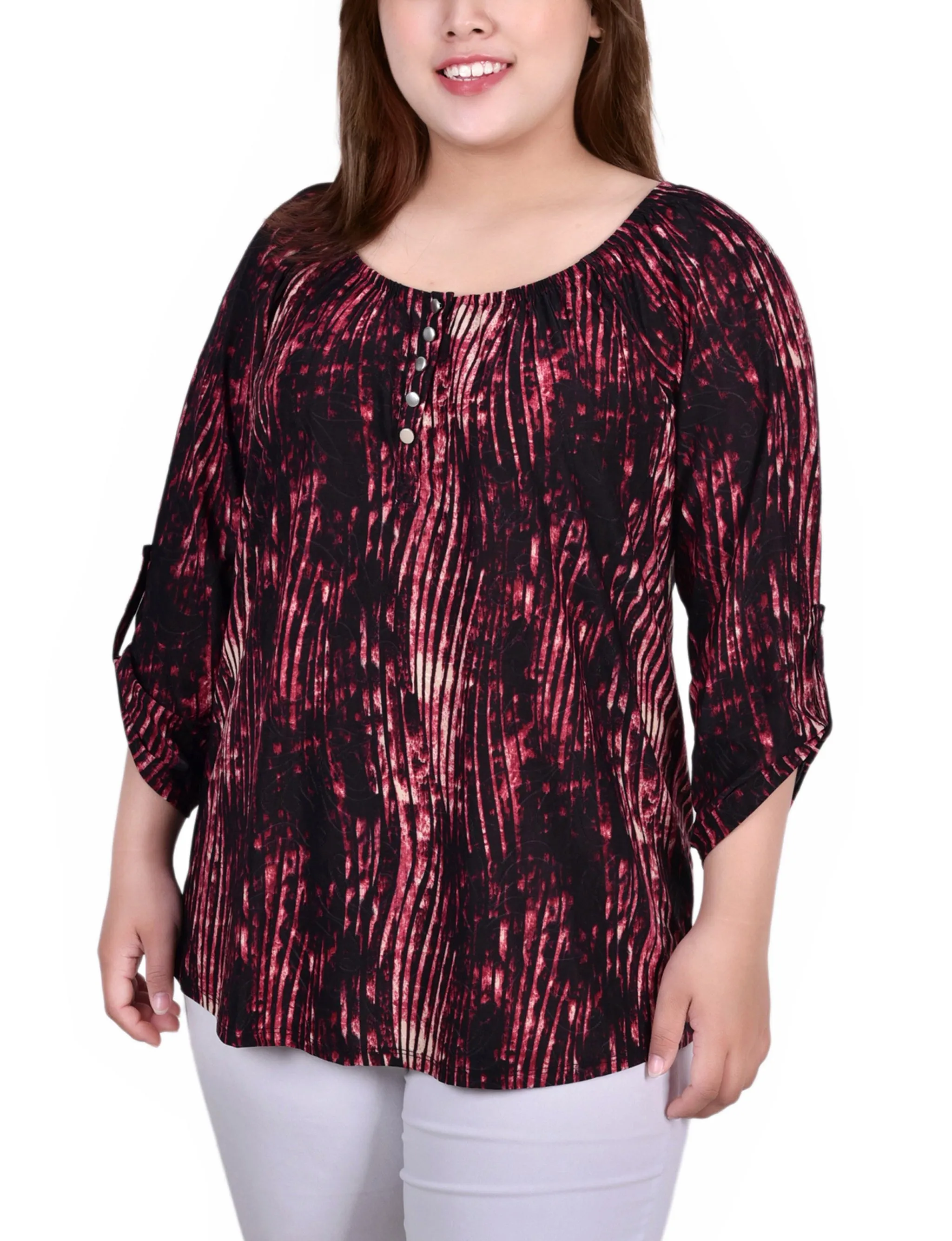 Plus Size 3/4 Push Tab Round Neck Top