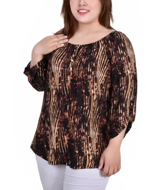 Plus Size 3/4 Push Tab Round Neck Top