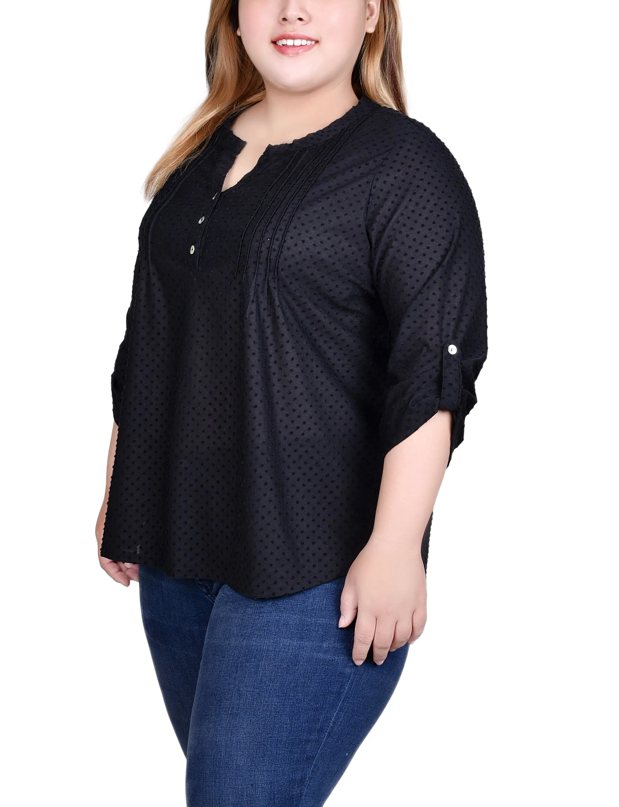 Plus Size 3/4 Sleeve Roll Tab Y Neck Top