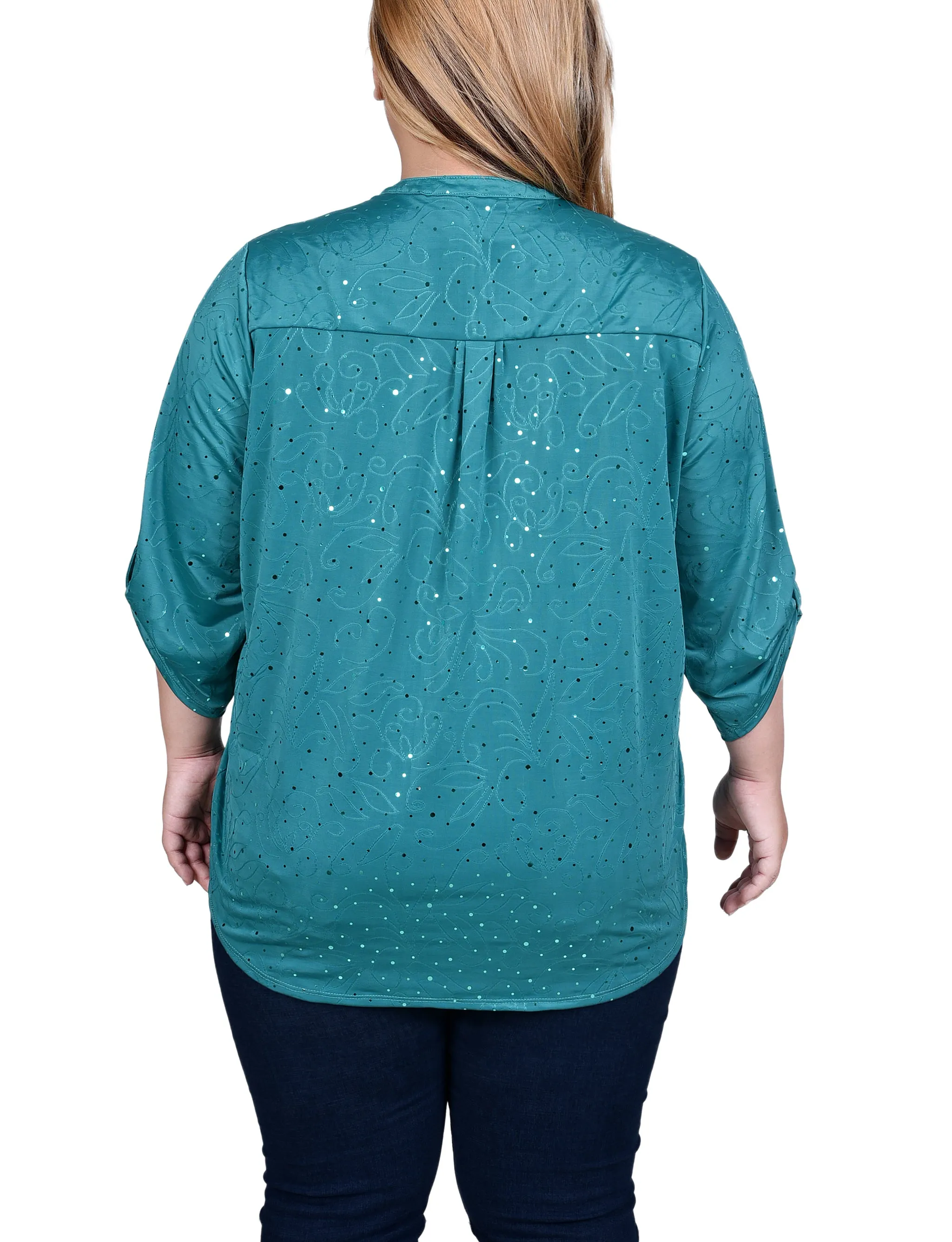 Plus Size 3/4 Sleeve Roll Tab Y Neck Top