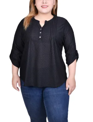 Plus Size 3/4 Sleeve Roll Tab Y Neck Top