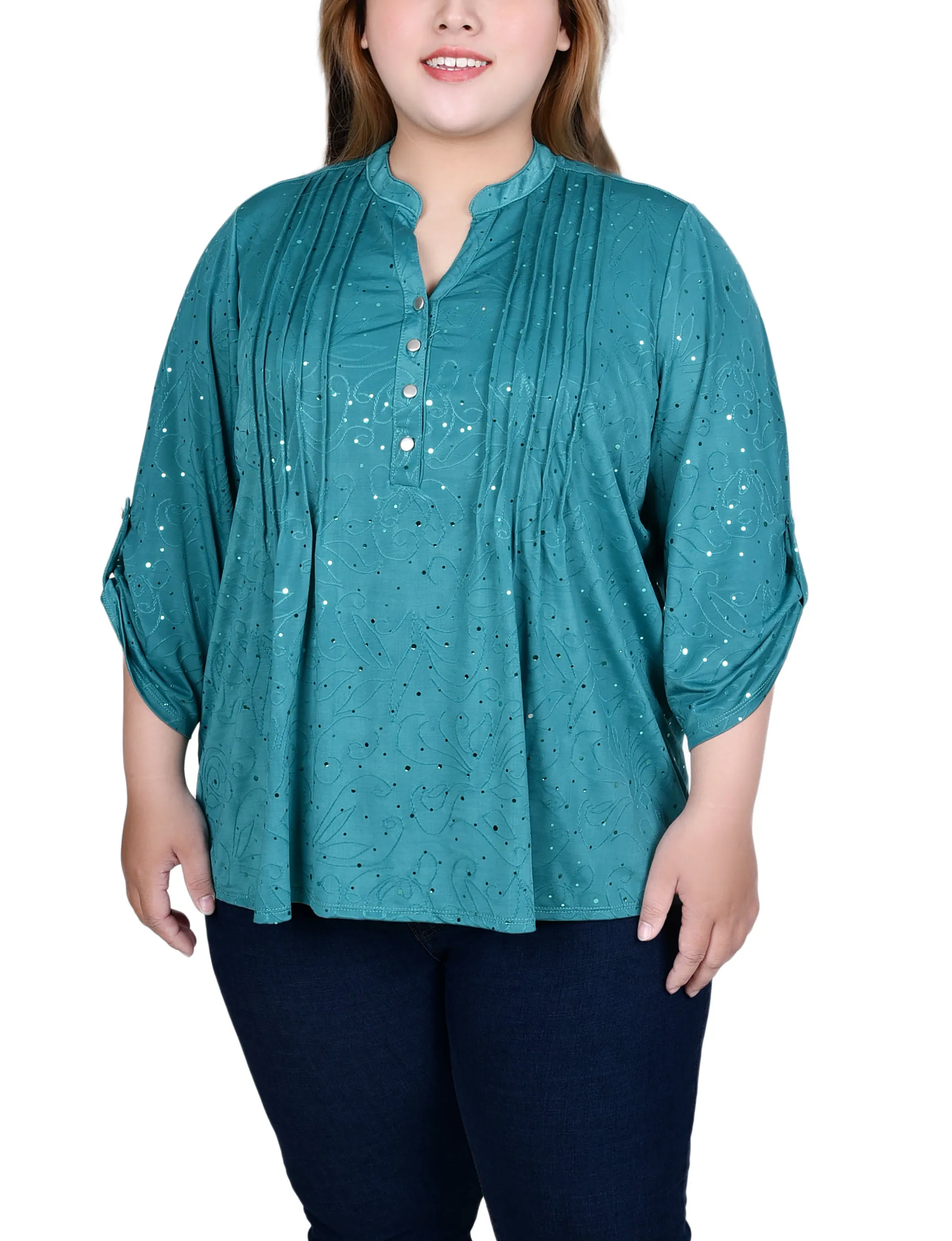 Plus Size 3/4 Sleeve Roll Tab Y Neck Top