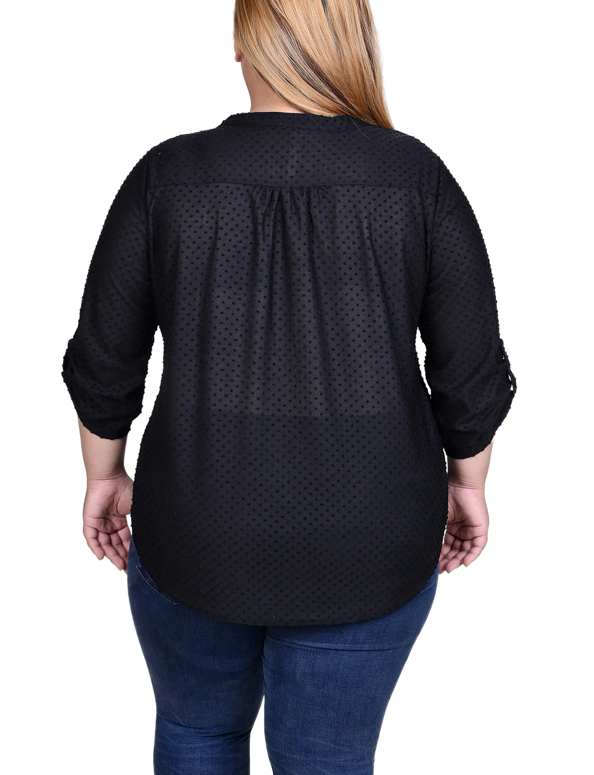 Plus Size 3/4 Sleeve Roll Tab Y Neck Top