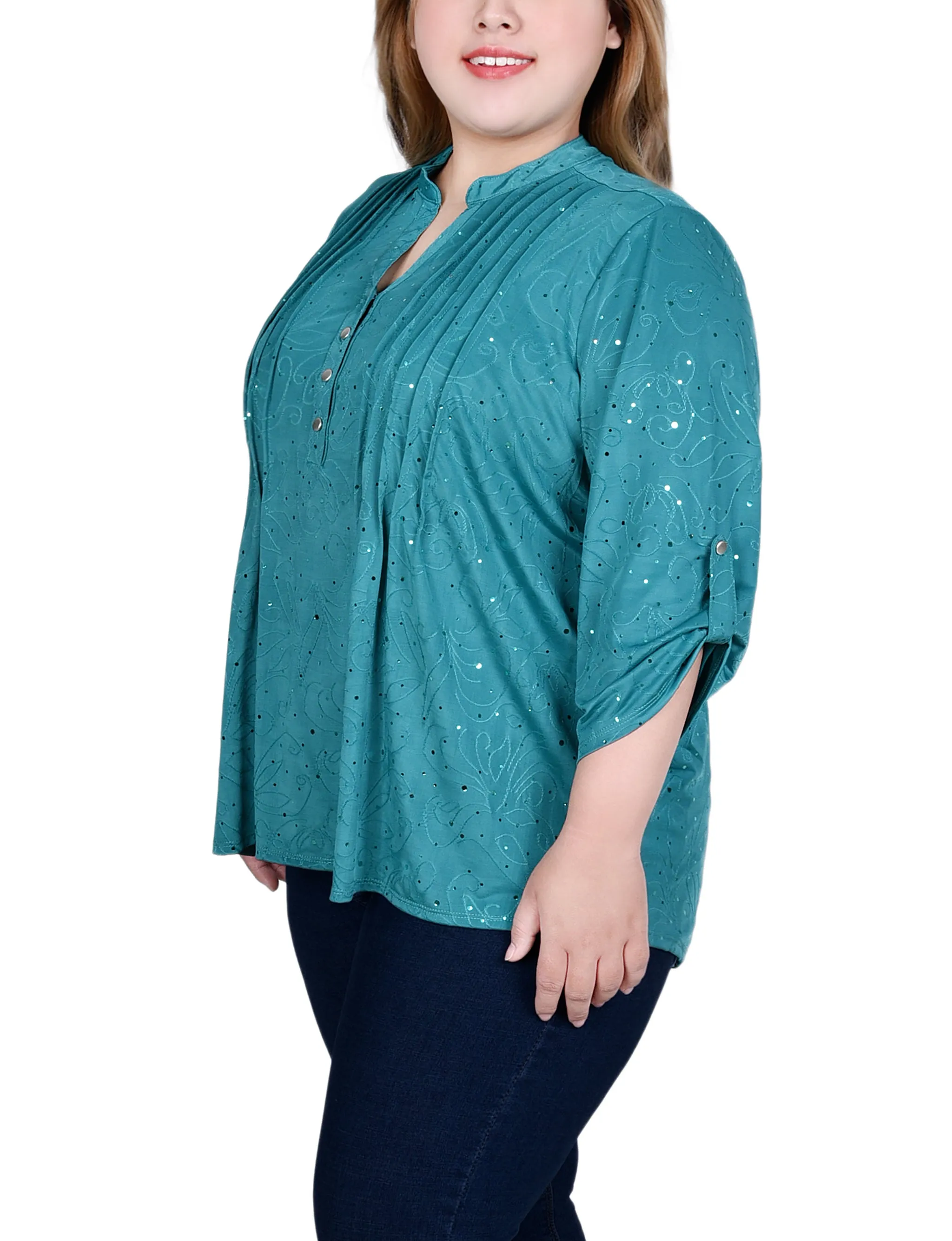 Plus Size 3/4 Sleeve Roll Tab Y Neck Top