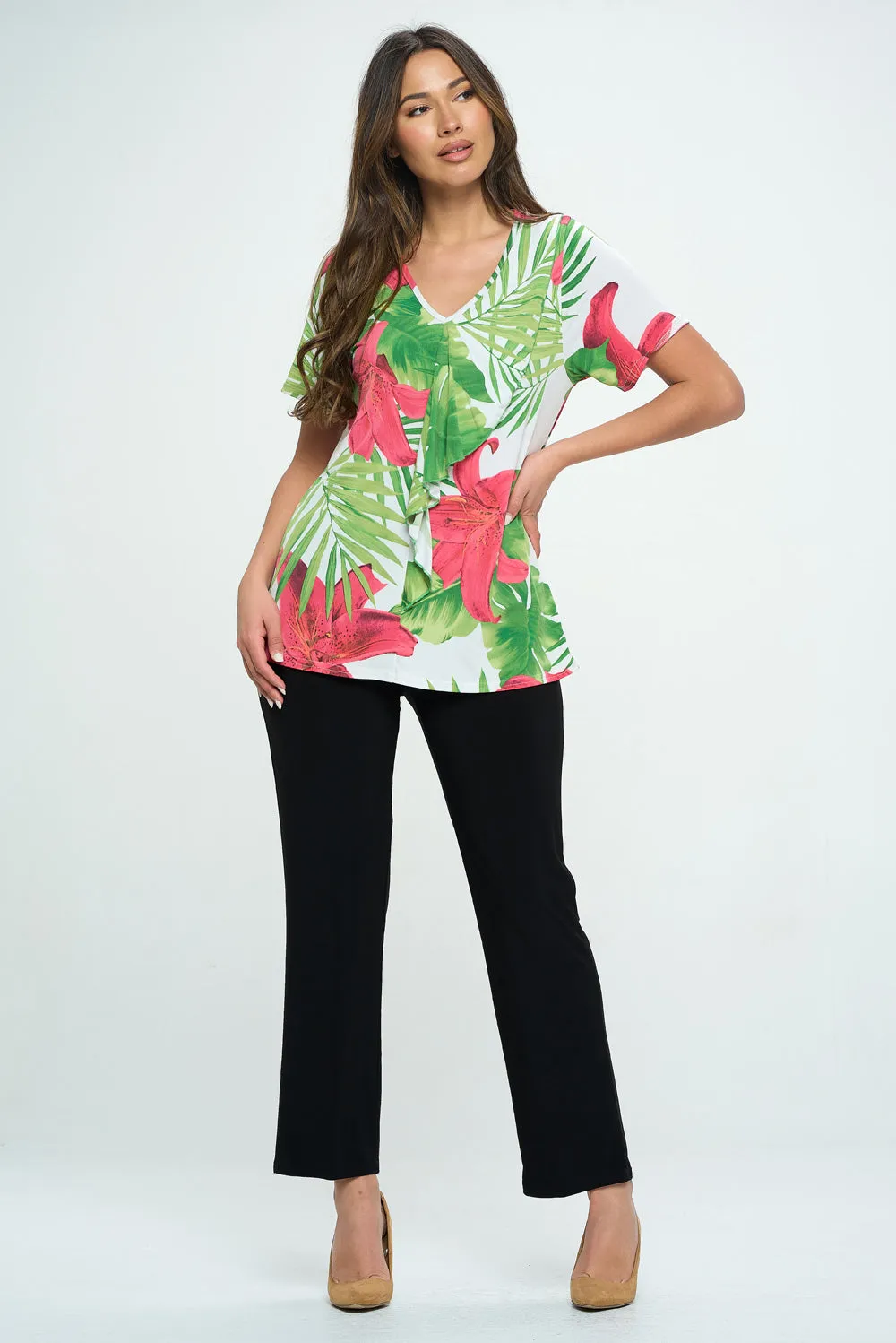 Plus Size Cascade Drop Short Sleeve Top-3056HT-SXP1-W343