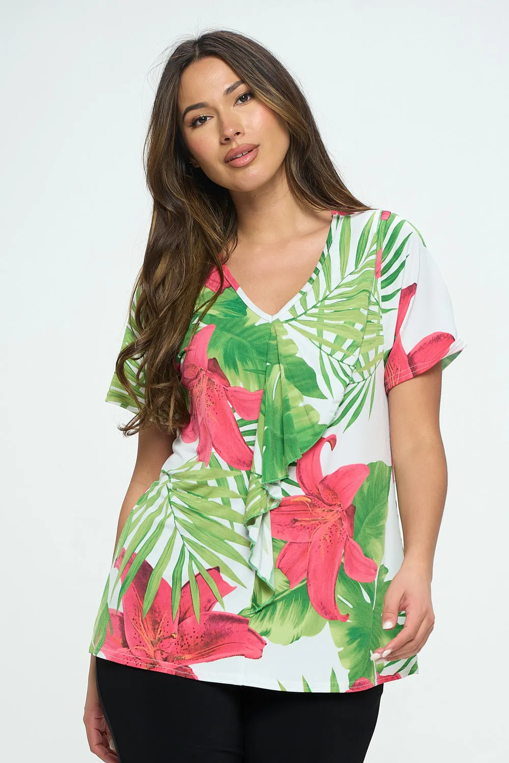 Plus Size Cascade Drop Short Sleeve Top-3056HT-SXP1-W343