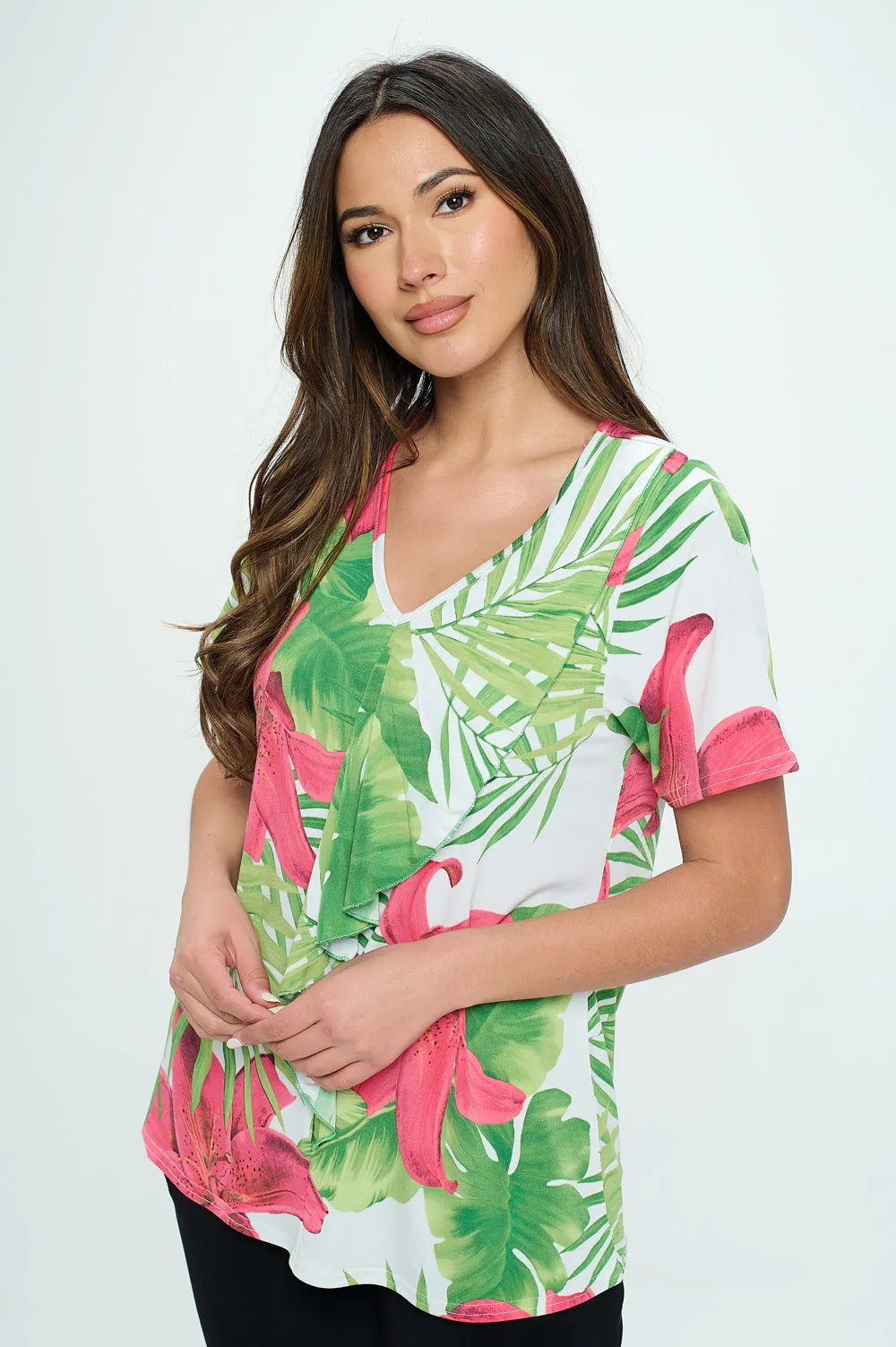 Plus Size Cascade Drop Short Sleeve Top-3056HT-SXP1-W343