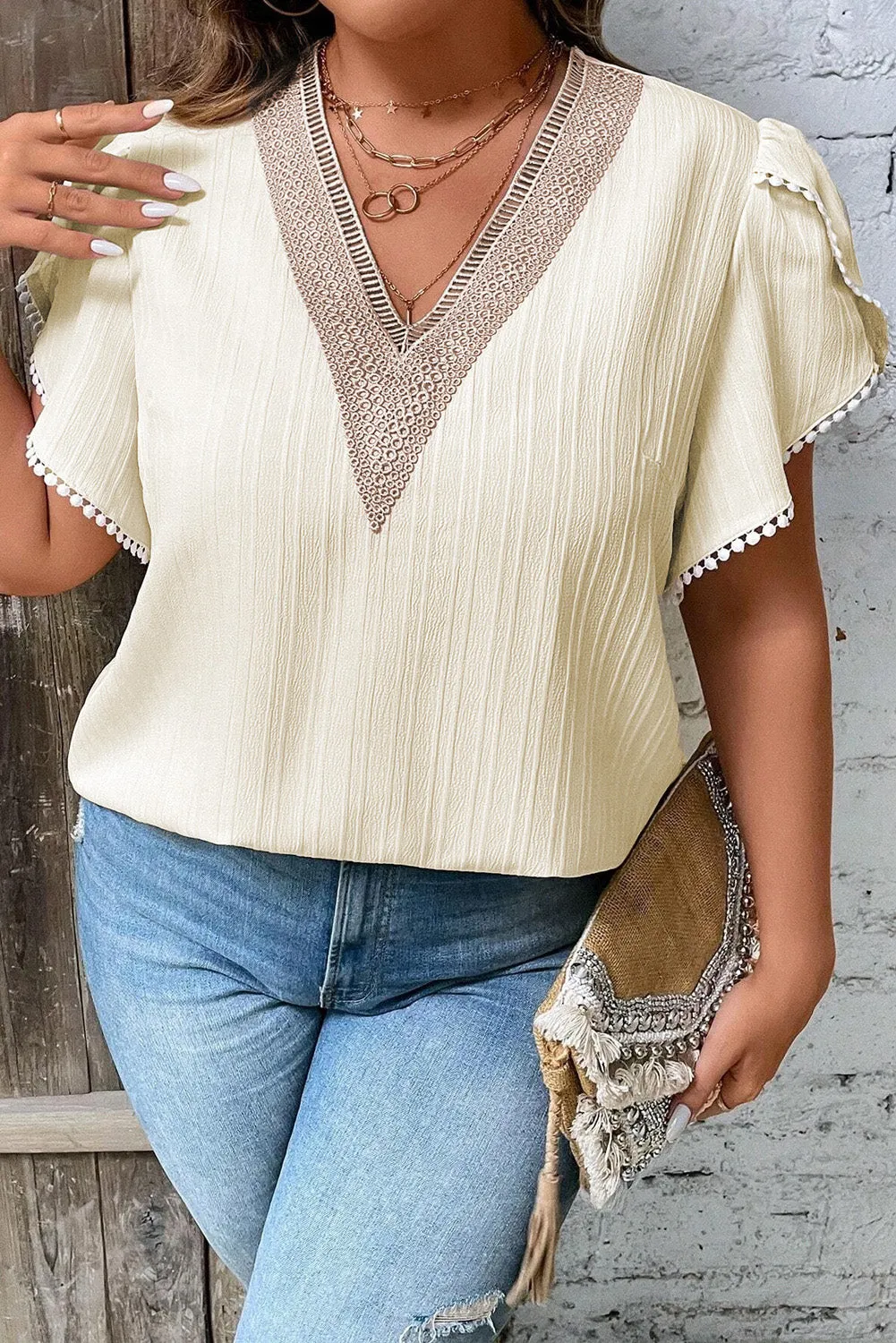 Plus Size V-Neck Petal Sleeve Resort Blouse