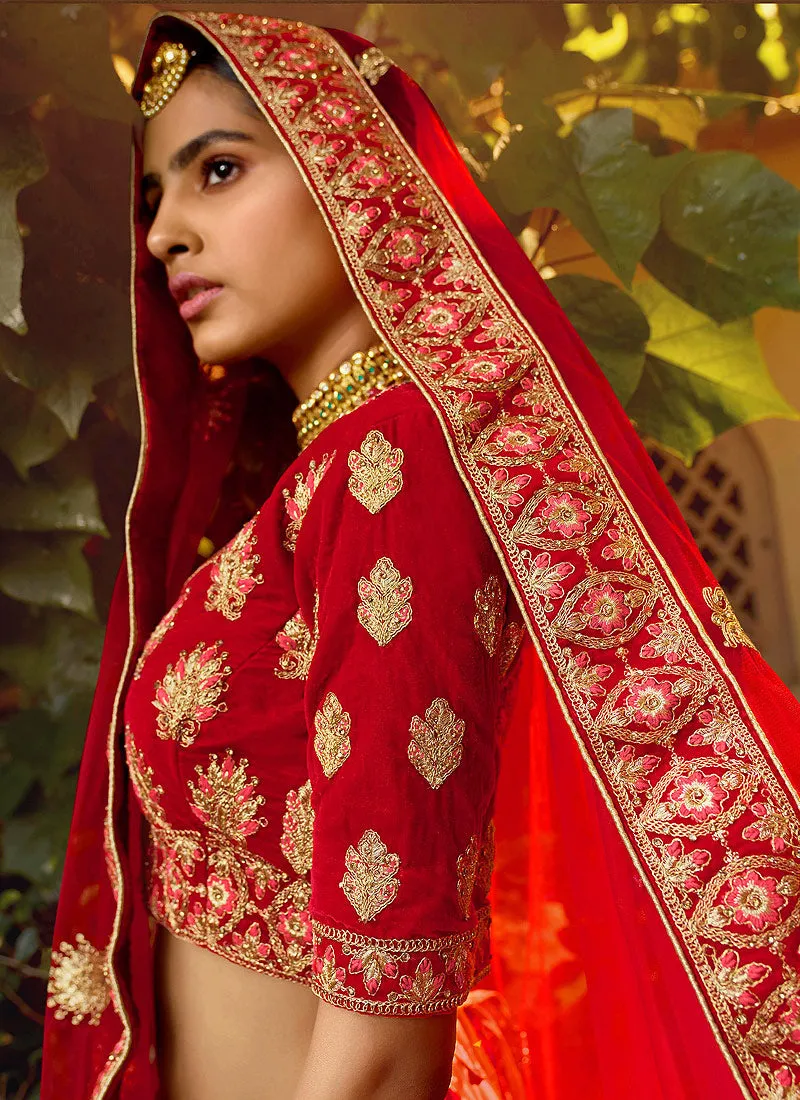 Red And Golden Multi Embroidered Wedding Lehenga Choli