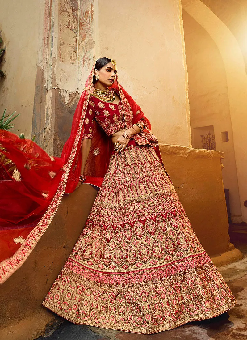 Red And Golden Multi Embroidered Wedding Lehenga Choli