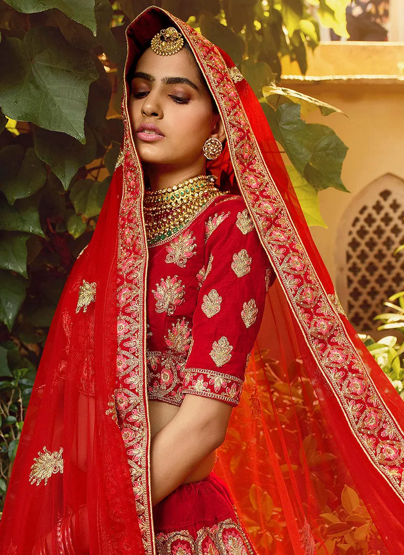 Red And Golden Multi Embroidered Wedding Lehenga Choli