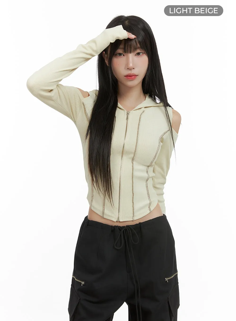 Ribbed Hooded Slim Crop Zip-Up Top CG430