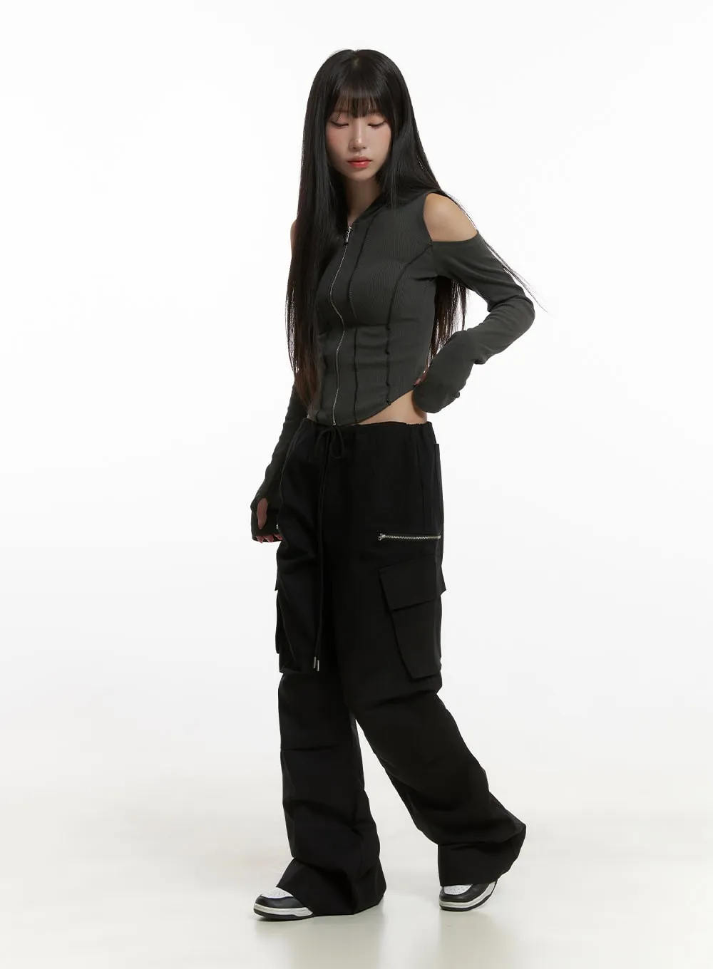 Ribbed Hooded Slim Crop Zip-Up Top CG430