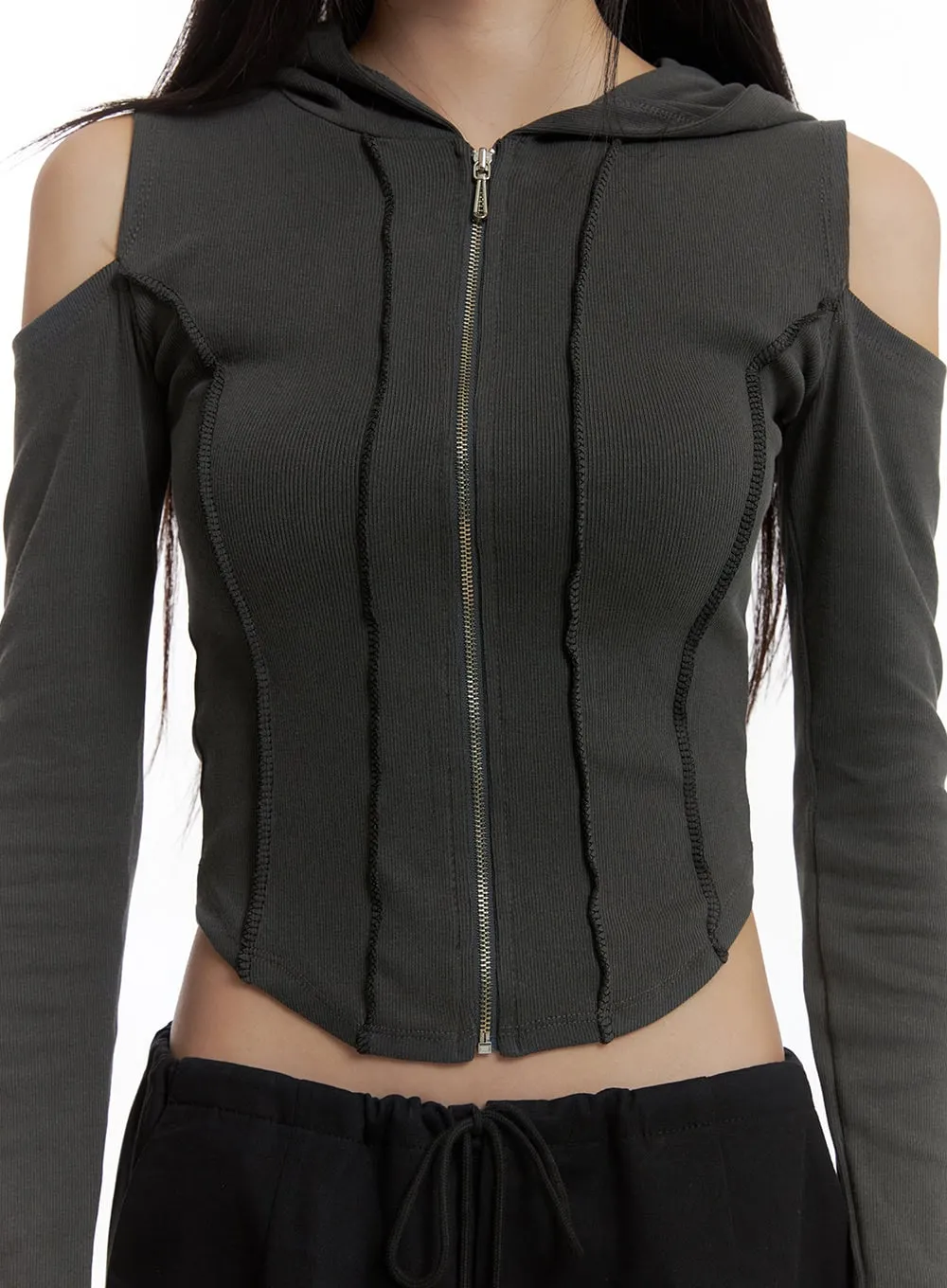 Ribbed Hooded Slim Crop Zip-Up Top CG430