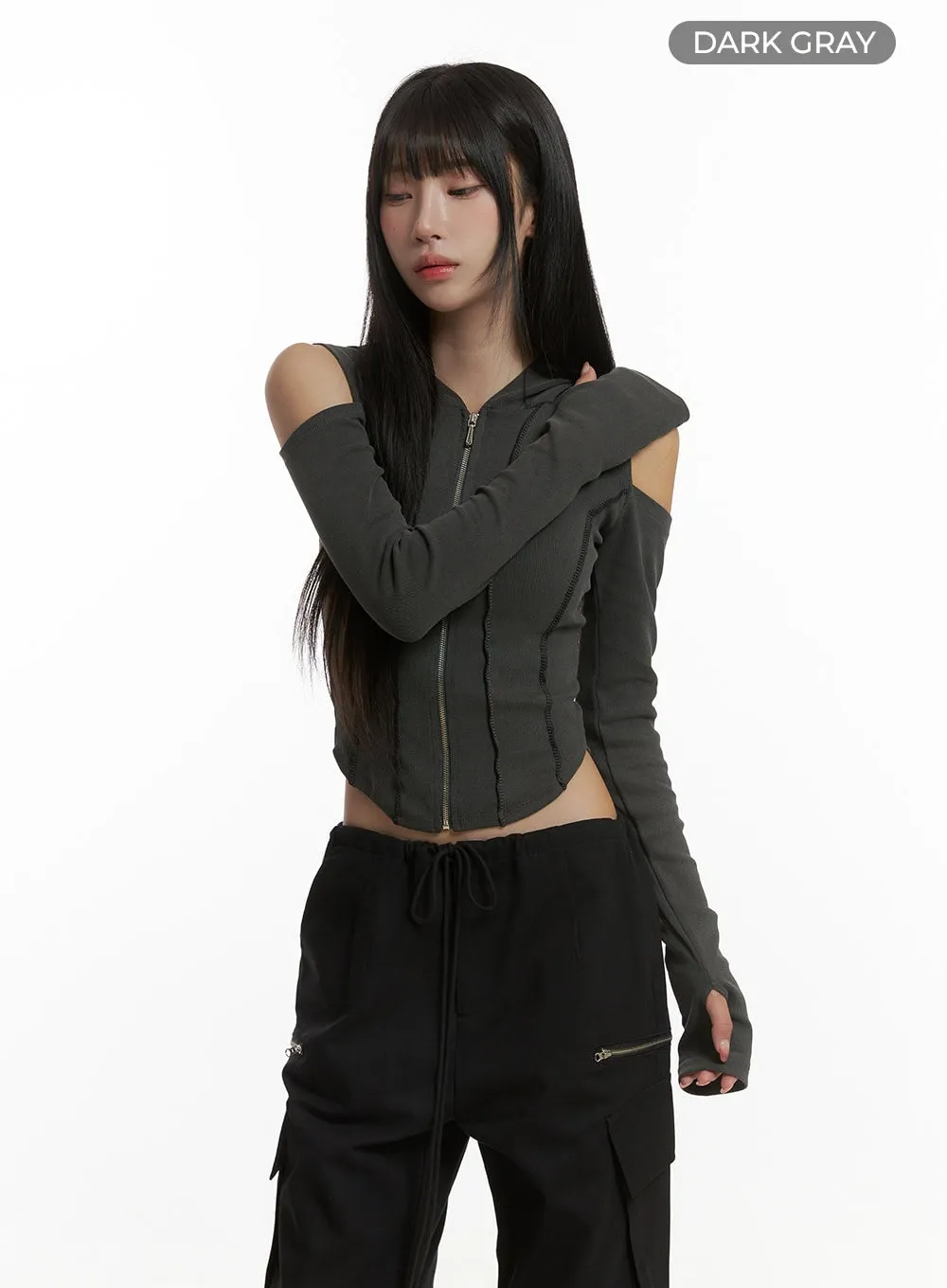 Ribbed Hooded Slim Crop Zip-Up Top CG430