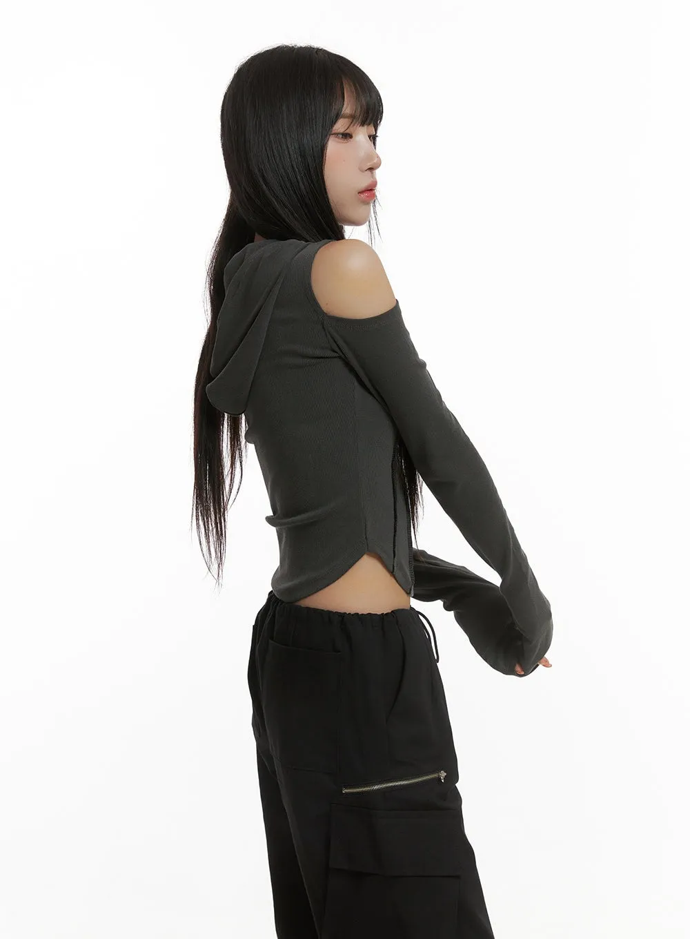 Ribbed Hooded Slim Crop Zip-Up Top CG430