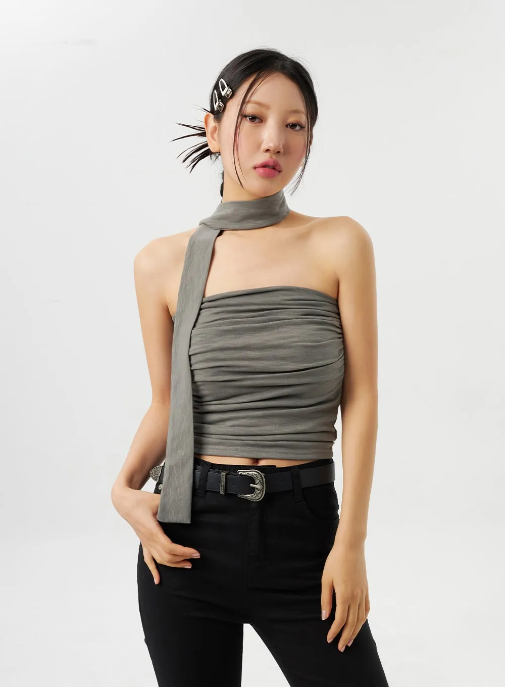 Ruched Tube Top With Scarf CY315