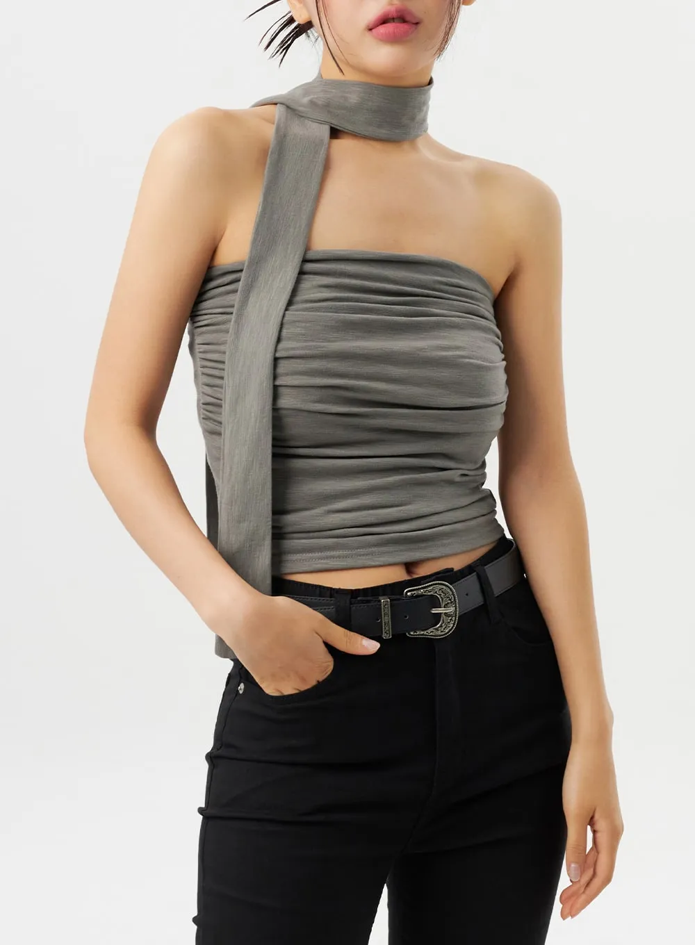 Ruched Tube Top With Scarf CY315