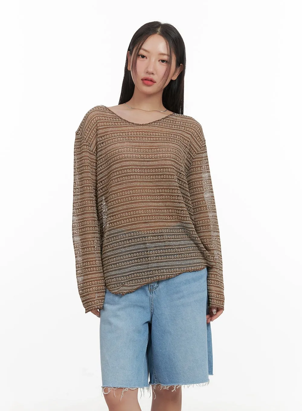 Sheer Stripe Long Sleeve Top CY420