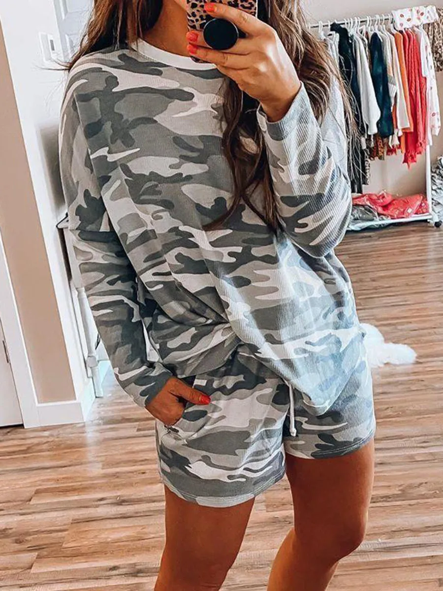 Simple Loose Casual Lounge Top Shorts Camouflage Set