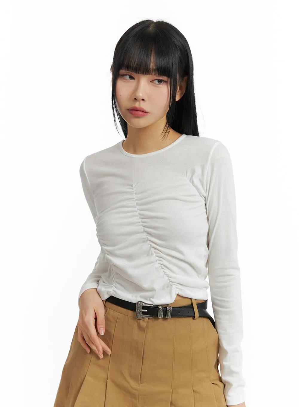 Solid Round Neck Ruched Long Sleeve Top CM407