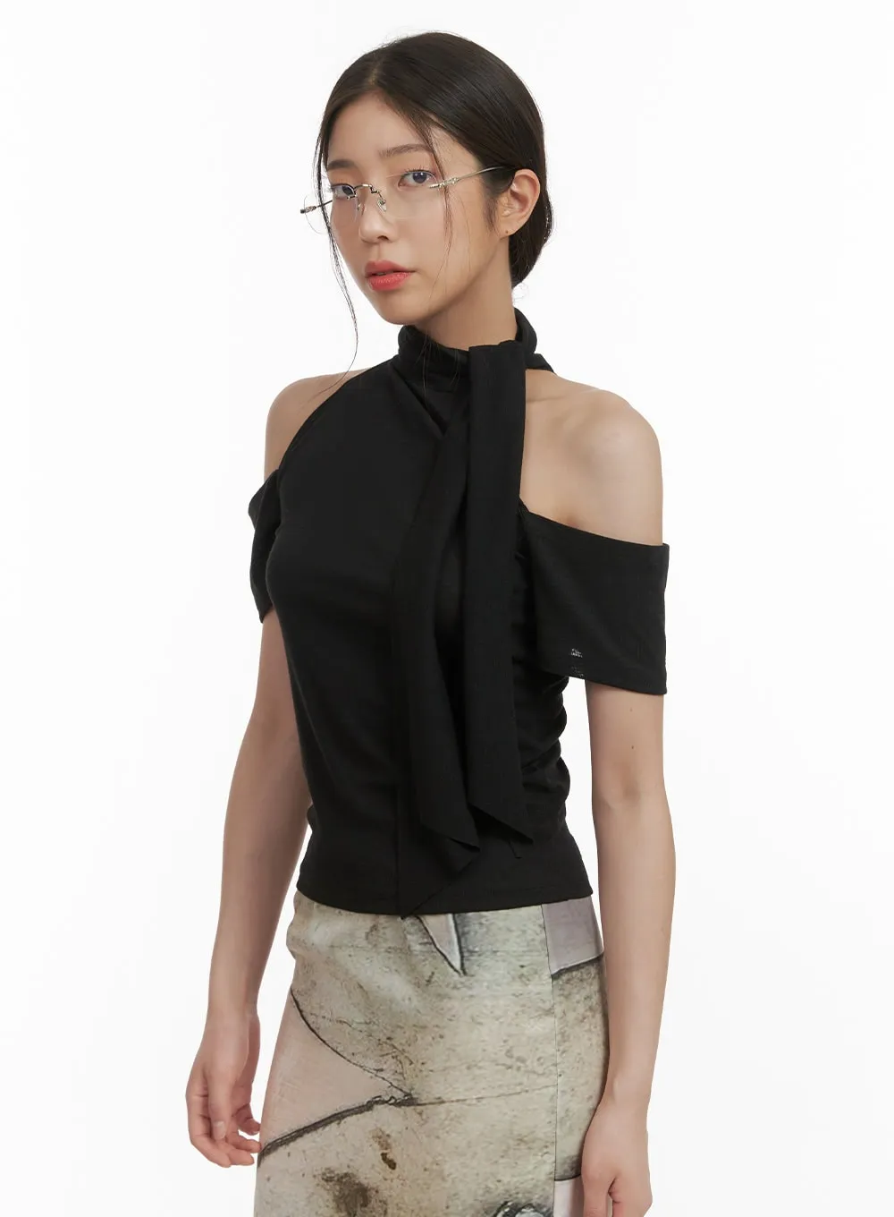 Tie-Neck Cut-Out Shoulder Blouse CY416