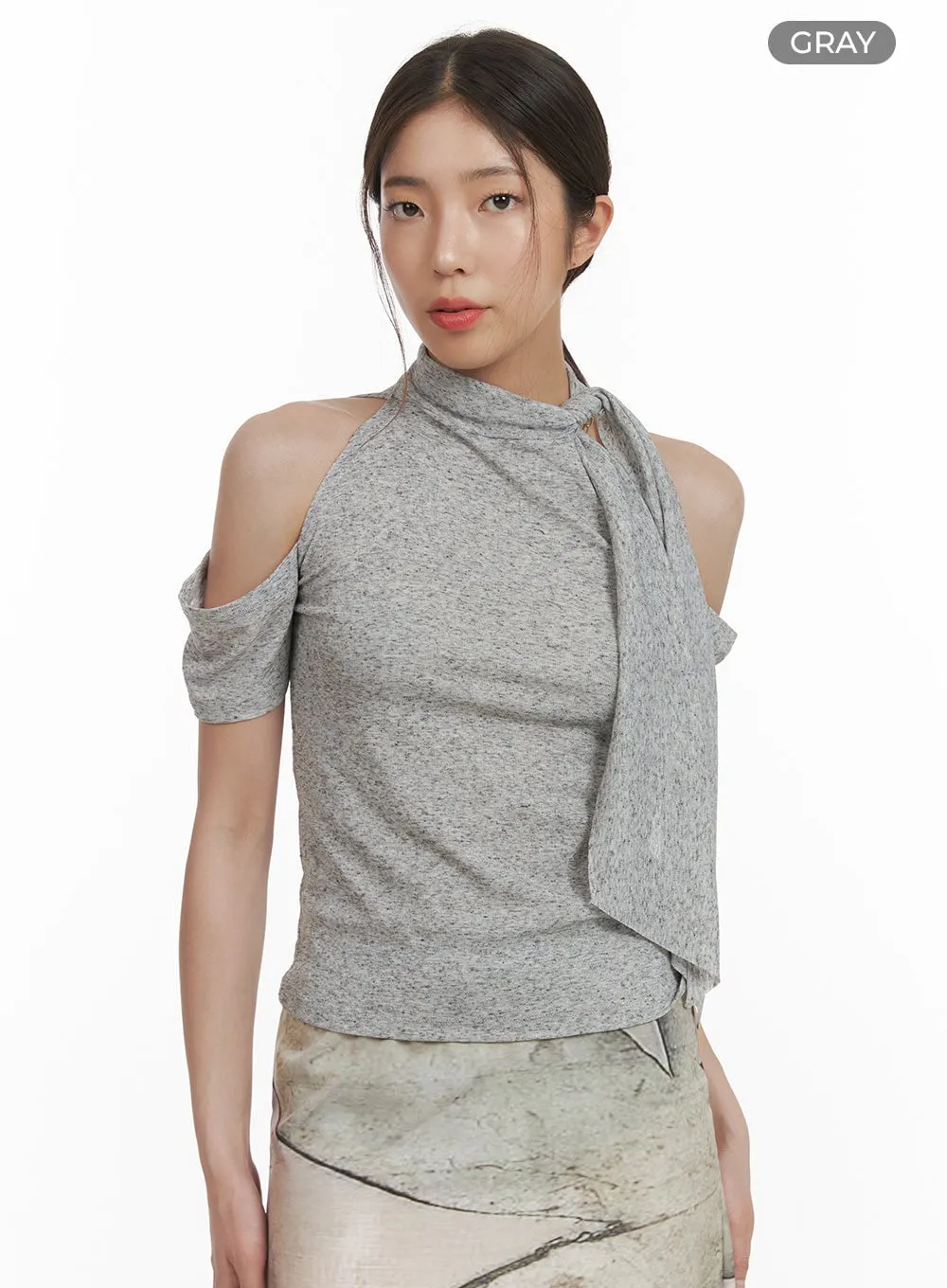 Tie-Neck Cut-Out Shoulder Blouse CY416