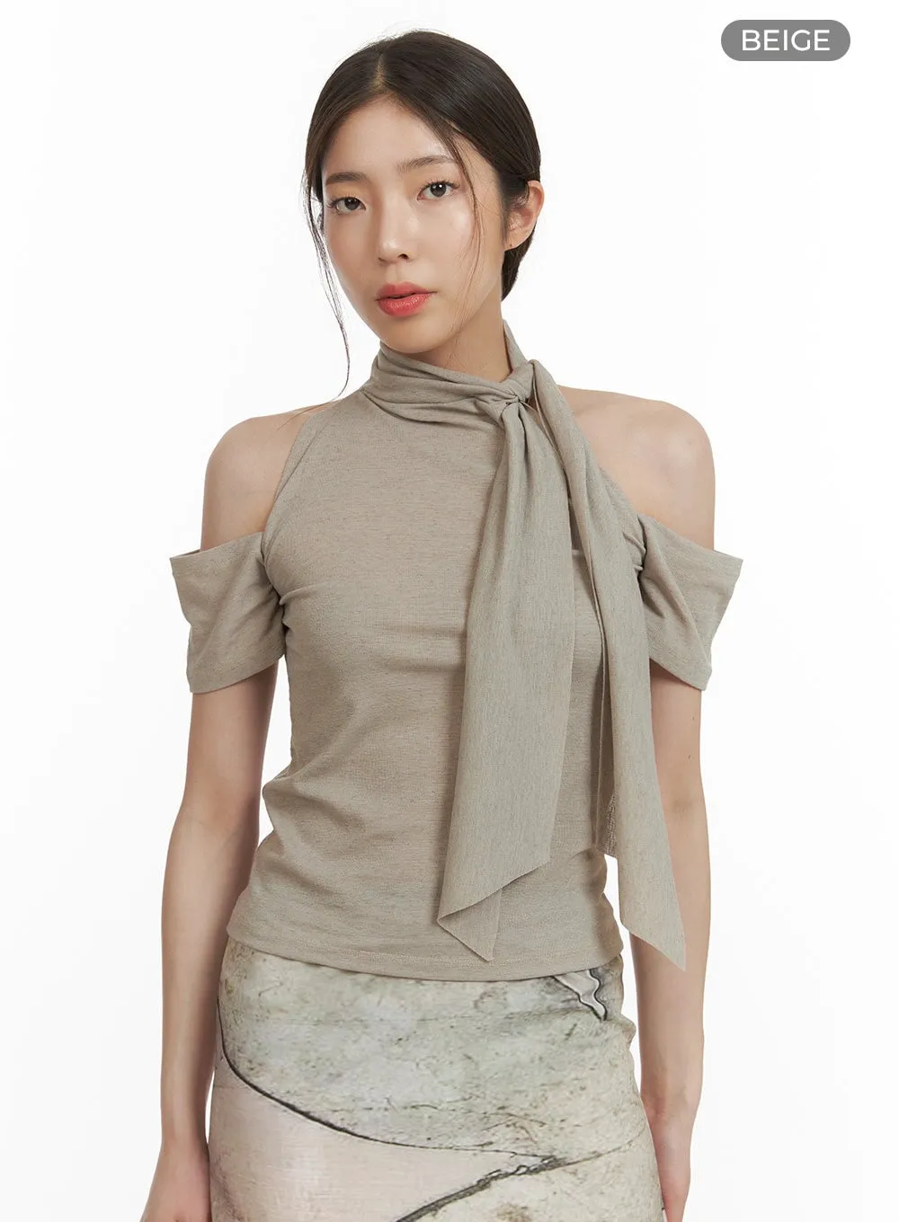 Tie-Neck Cut-Out Shoulder Blouse CY416