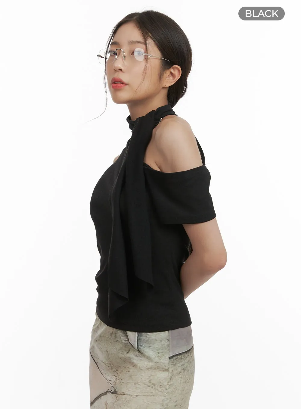 Tie-Neck Cut-Out Shoulder Blouse CY416