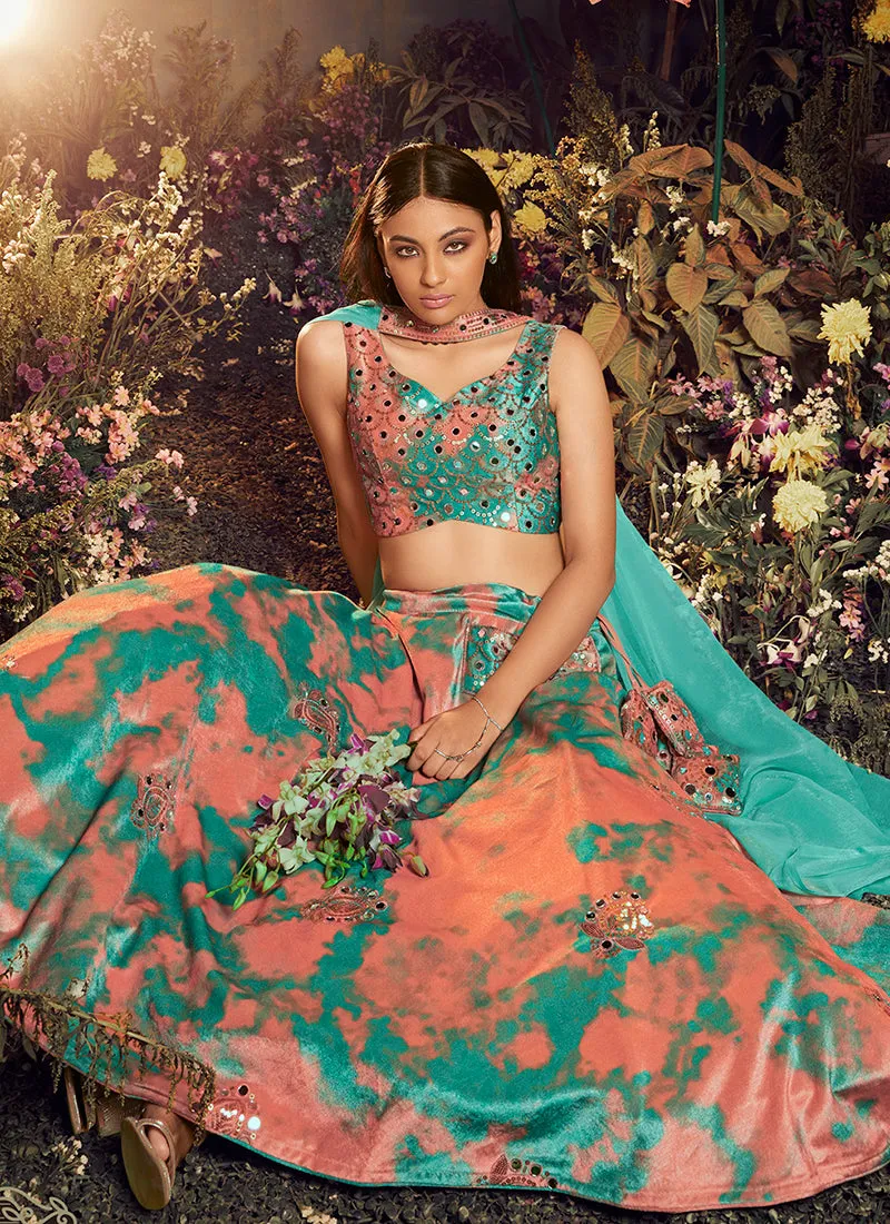 Turquoise Peach Mirror Work Embroidery Lehenga Choli