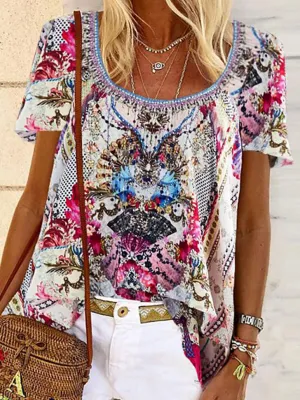 Vintage Bohemian Loose Short Sleeve Floral Top