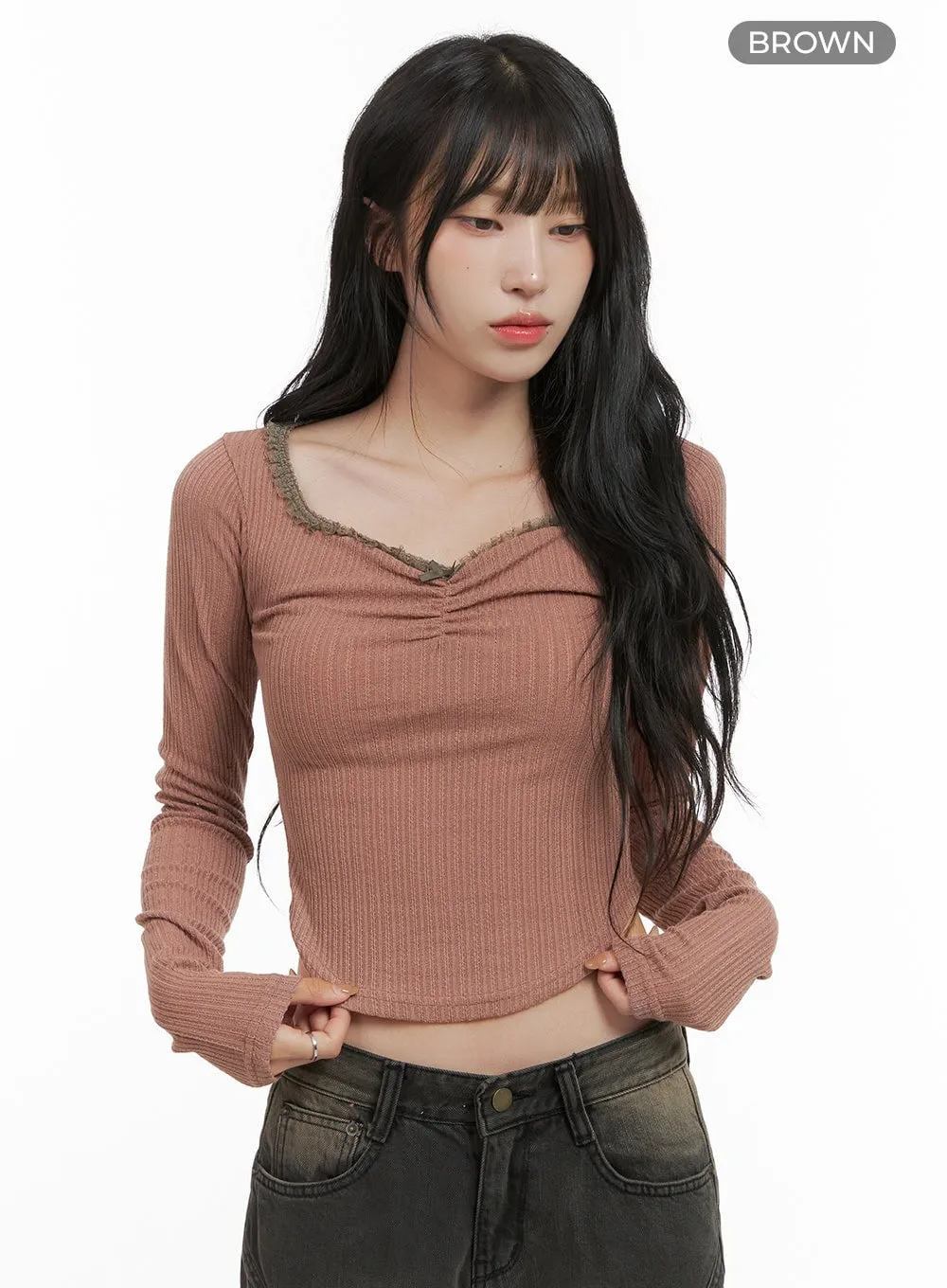 Wide Neck Ribbed Lace Slim Crop Top CG421