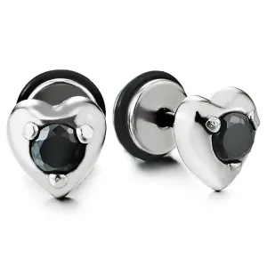 Women Steel Heart Stud Earrings with Black Cubic Zirconia, Screw Back