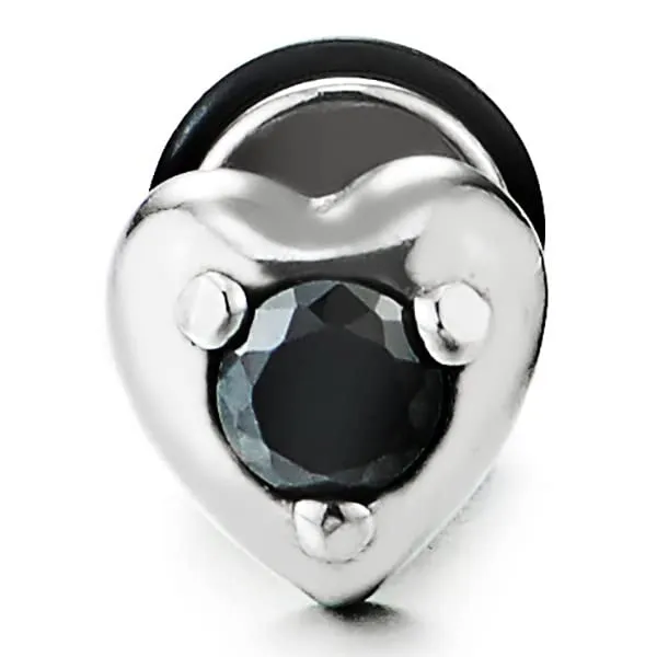 Women Steel Heart Stud Earrings with Black Cubic Zirconia, Screw Back