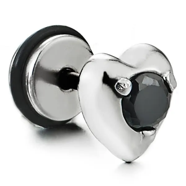 Women Steel Heart Stud Earrings with Black Cubic Zirconia, Screw Back