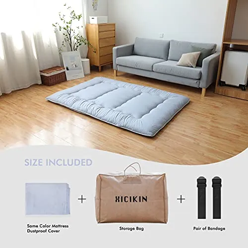 XICIKIN Japanese Floor Mattress, Japanese Futon Mattress Foldable Mattress, Roll Up Mattress Tatami Mat with Washable Cover, Easy to Store and Portable for Camping, Gray, Twin Full Queen