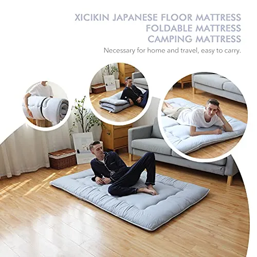 XICIKIN Japanese Floor Mattress, Japanese Futon Mattress Foldable Mattress, Roll Up Mattress Tatami Mat with Washable Cover, Easy to Store and Portable for Camping, Gray, Twin Full Queen