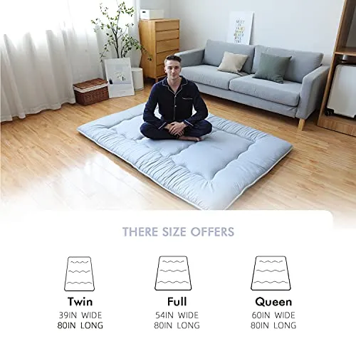 XICIKIN Japanese Floor Mattress, Japanese Futon Mattress Foldable Mattress, Roll Up Mattress Tatami Mat with Washable Cover, Easy to Store and Portable for Camping, Gray, Twin Full Queen